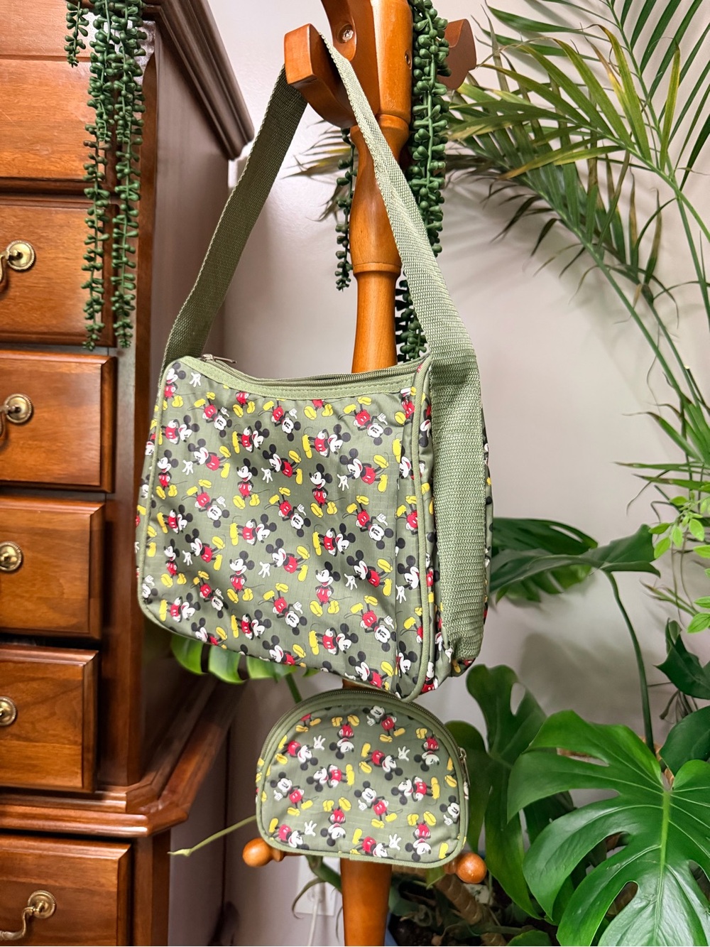 Vintage Disney Mickey Mouse Olive Green Nylon Shoulder Bag & Matching Pouch Set